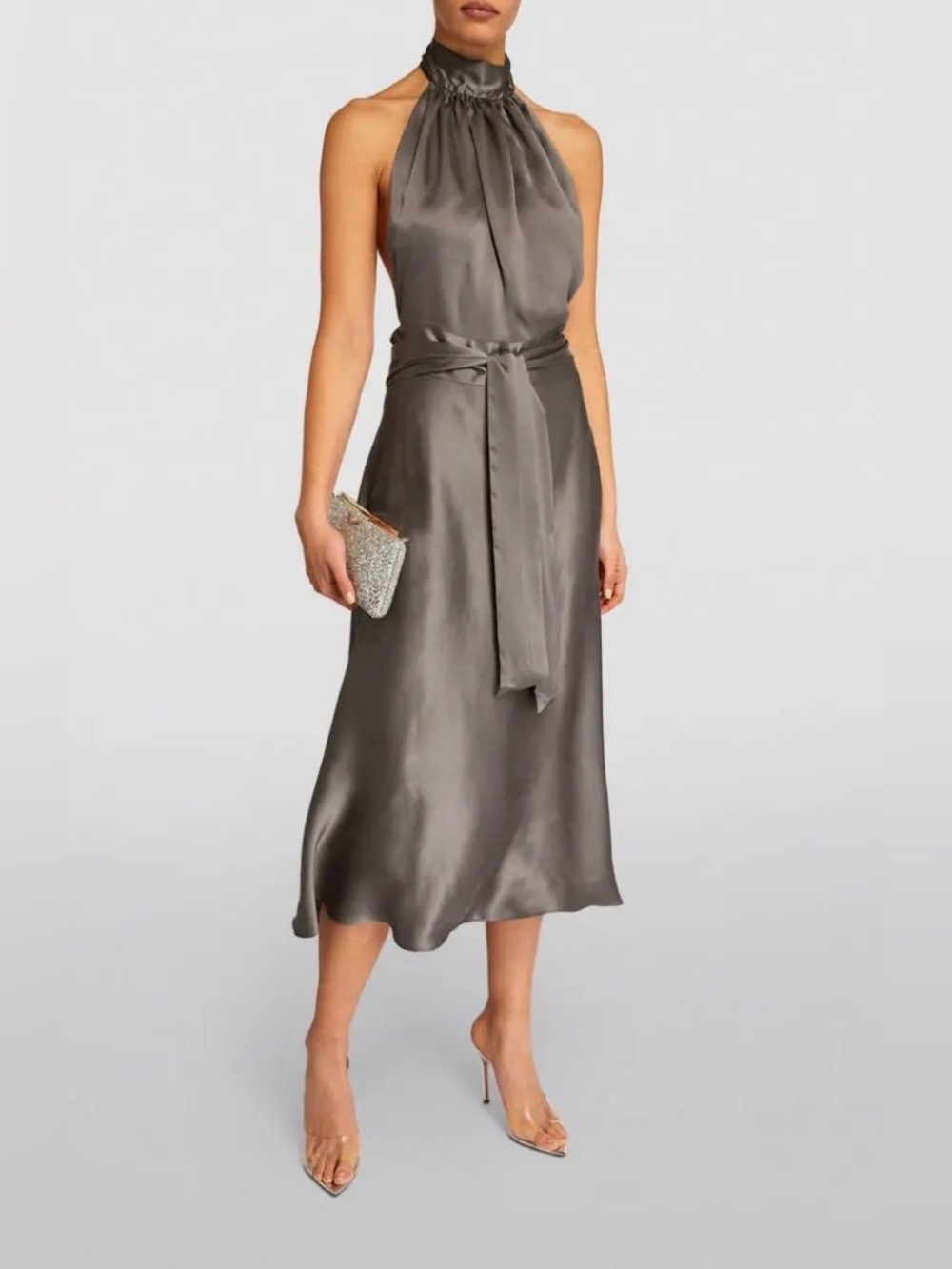 NWT Harmur 100% Silk Wrap Halter Maxi Dress in Brown Floral - M